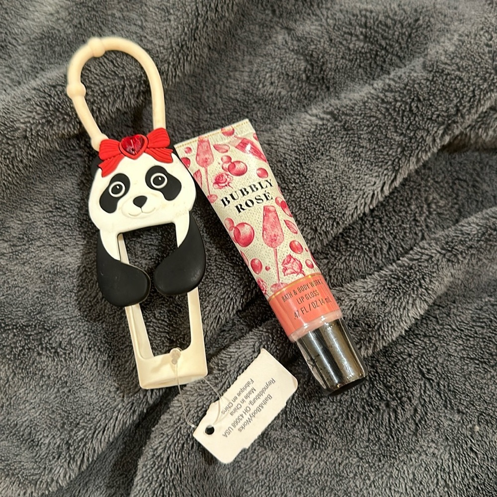 Bath&Body Works panda 🐼 with red bow holder and bubbly rose lip gloss
